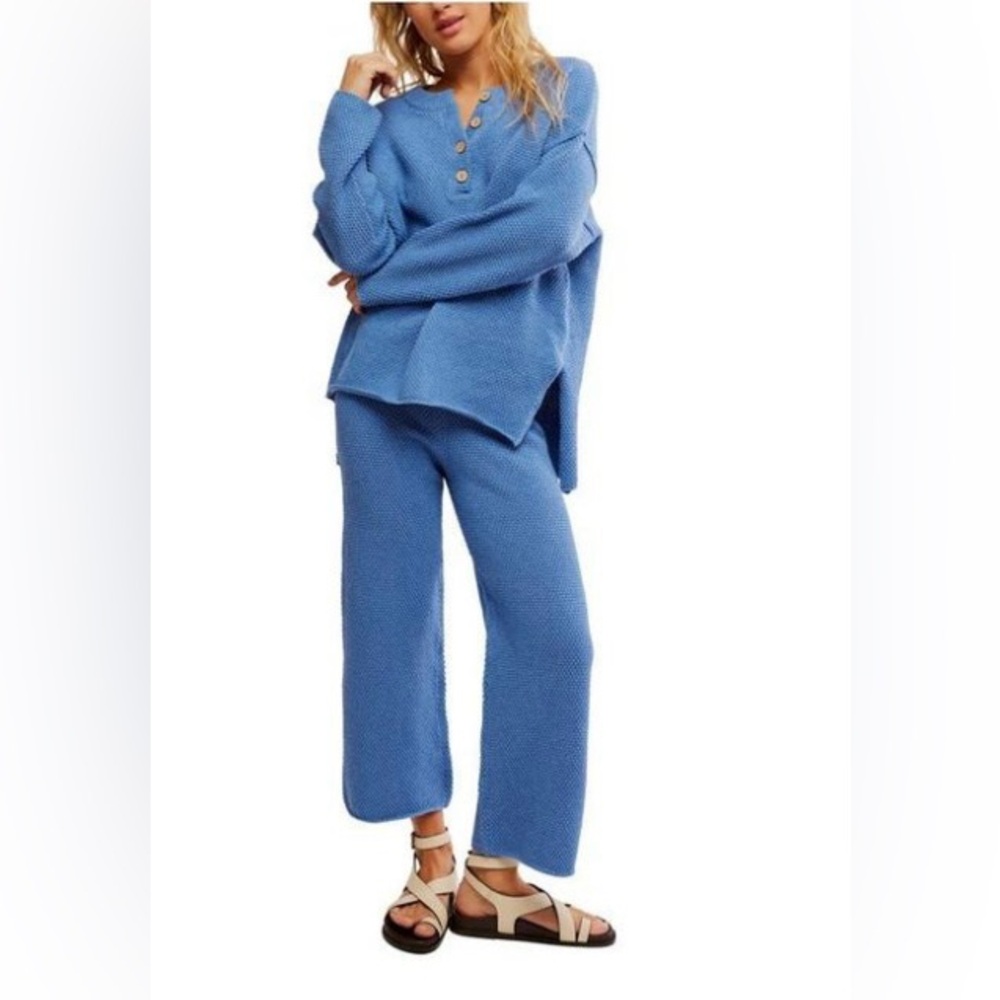 FREE PEOPLE Hailee Waffle Stitch Long Sleeve Top & Wide Leg Pants Knit Set